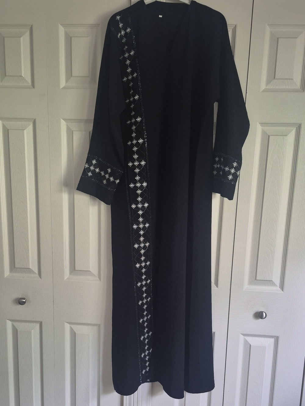 Black Embroidered Abaya with White Floral Accents